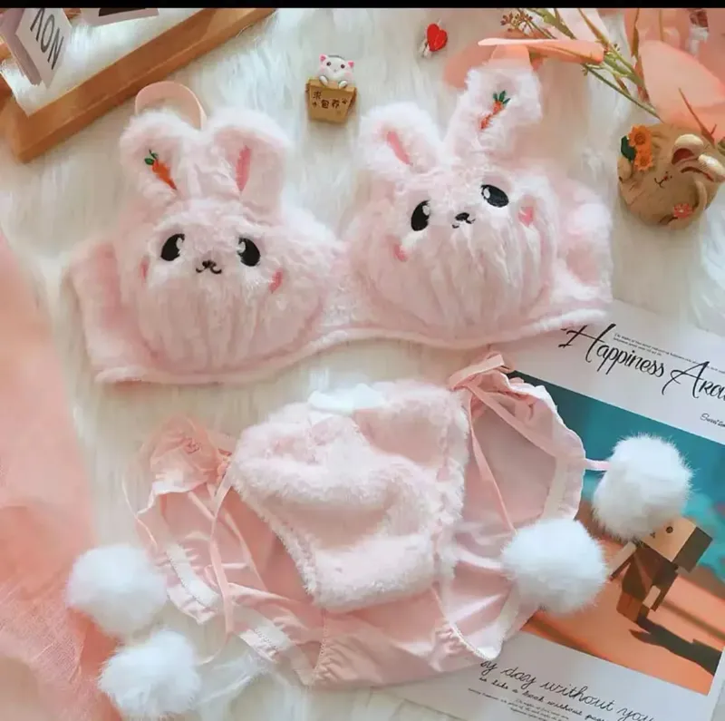 Cute Cat Paw Plush Lingerie Set for Women Warm Winter Bra & Panty with Ears Comfortable Kawaii Underwear — image 19