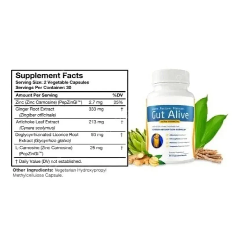 Gut Alive - All Natural Support to Fight IBS Heartburn Acid Indigestion Acid Reflux Bloating & Gas Unique Formulation 60 Count — image 3