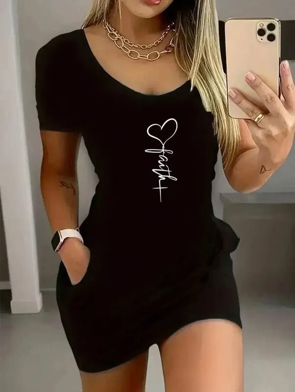 2026 New Women's Sexy Heart-Shaped Round Neck Short-Sleeved Dress and Skirt Suitable for Summer Wear