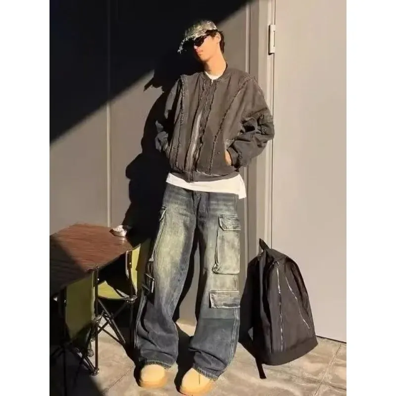 Men's Jeans Loose Fit Cargo Straight Leg Pants Vintage Wash Work Pocket Denim Trouser Man Pants Autumn Retro Streetwear — image 5