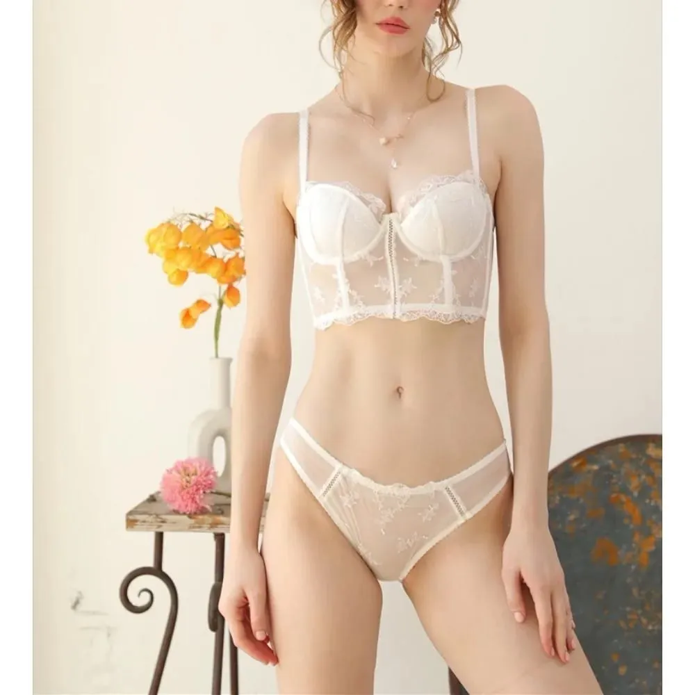 Espartilho francês espinha de peixe, conjunto de lingerie de renda feminina, sutiã fino push-up, menos busto, suporte lateral, roupa íntima 32-38