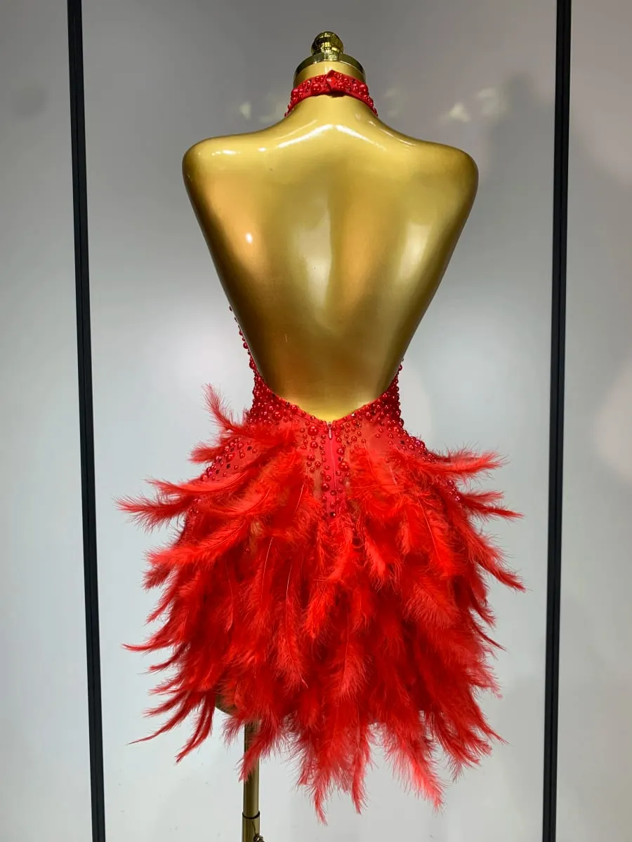 Luxo strass pérolas halter sem costas curto penas vestido feminino sexy celebrar aniversário vestido desempenho traje de dança — image 4
