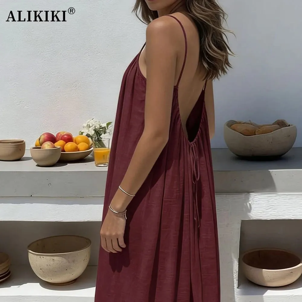 Backless Cami Dresses Open Back Lounge Dress Spaghetti Strap Sleeveless House Dress Long Sundress Holiday Beach Wear — image 2
