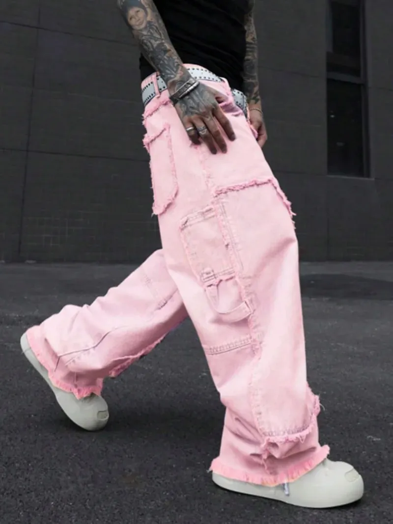 Pink Frayed Wide-Leg All-Season Cargo Denim Jeans — image 4
