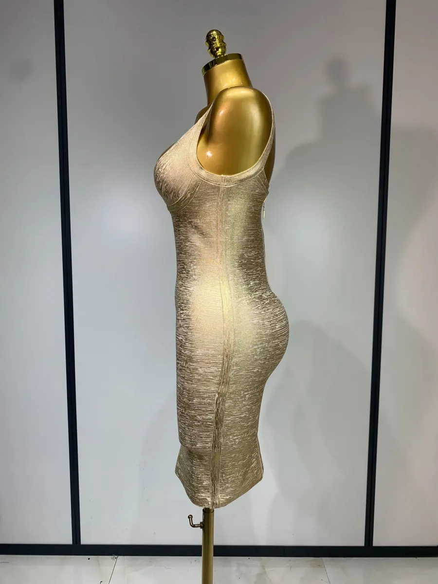High Quality Celebrity Elegant Gold Bodycon Bandage Dress Women Sexy Nightclub Evening Party Luxury Birthday Dress Vestidos — image 3