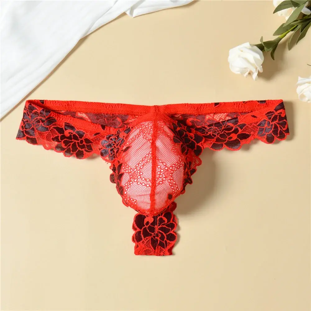 Men Floral Lace Thong Low Rise Elastic Waist G‑String Breathable See‑Through Floral Print Male Underwear Sexy Lingerie Panties — image 12