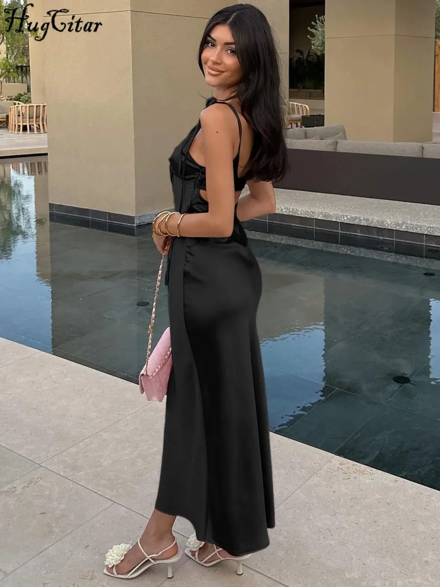 Hugcitar decote em v sólido deslizamento sem costas oco rendas até sexy bodycon maxi vestido de baile verão feminino roupas elegantes festa aniversário — image 6
