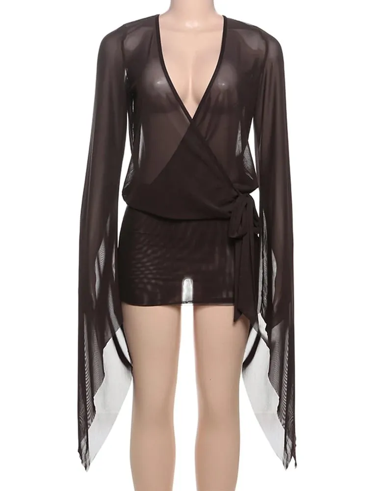 Estranho puss malha sexy vestido de verão feminino bandagem cruzada baixo pescoço sem costas manga alargamento meia-noite coquete meia-noite festa bodycon — image 7