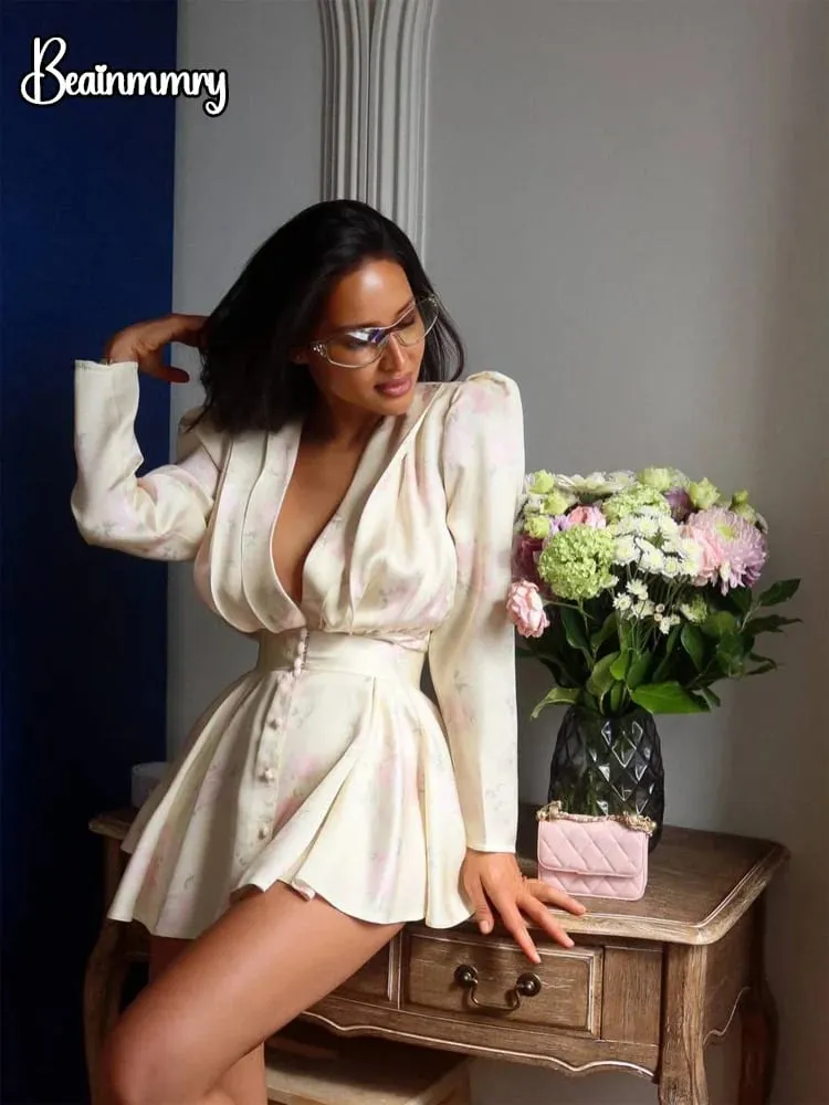 Women Stain Floral Printed V-neck Waist-cinched Pleated Mini Dress Deep V-neck Long Sleeve Button-front Dresses Lady Party Robe — image 3