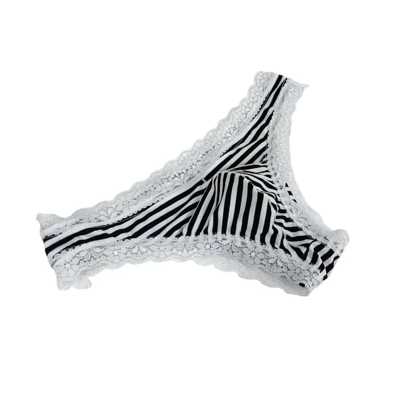 Men Lace Trim Striped G-string Underwear Half-covered Butt Low-rise Pantie Breathable Sexy U Bulge Pouch Comfortable Tong — image 12