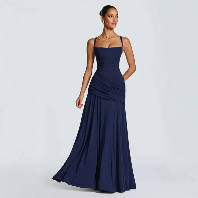 Sexy Solid Pleated Sling Dress Women Elegant Square Neck Sleeveless Waist-cinching Maxi Dresses 2026 New Summer Lady Party Robe — image 11