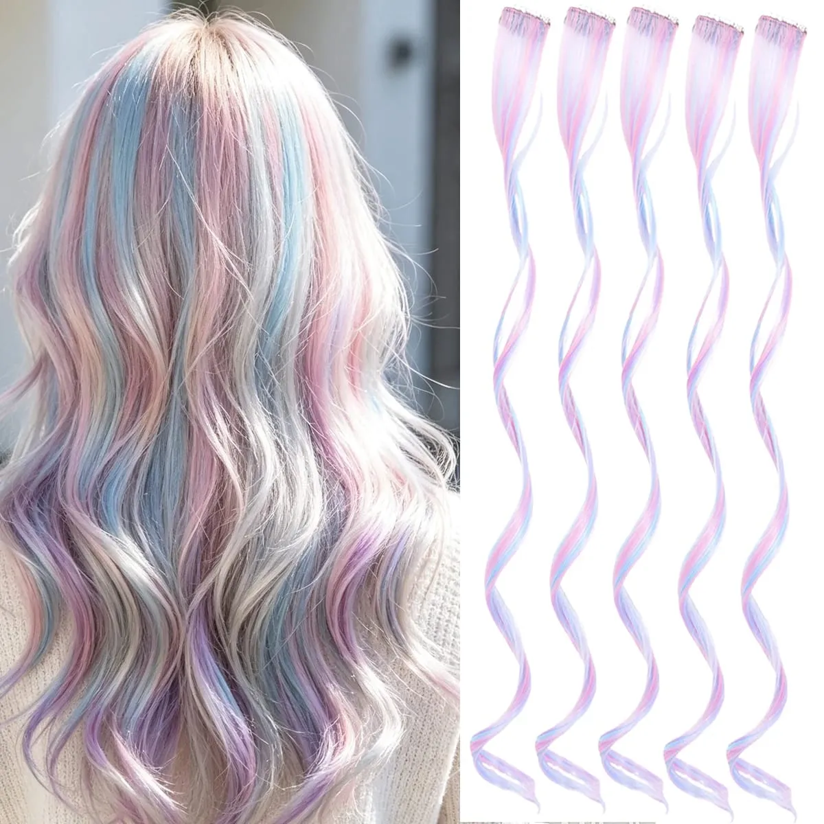 Synthetic 5Pcs Clip In Hair Extensions Colorful Ombre Curly Wig Rainbow Highlight Hair Clip On Hairpieces For Women Girls