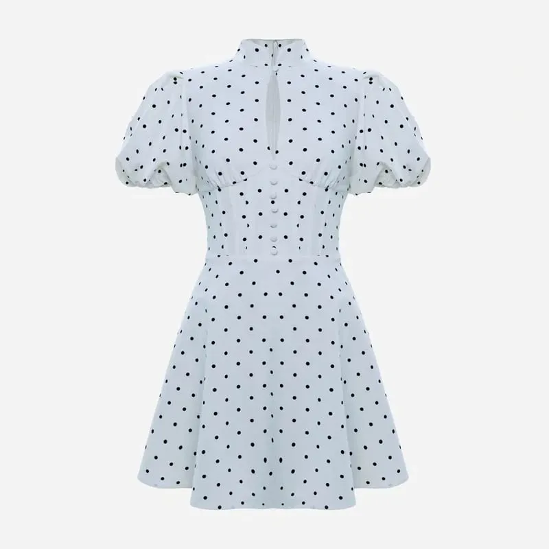 Women Retro Polka Dot Mini A-line Dress Elegant Stand Collar Puff Short Sleeve Waist-cinching Dresses Lady Party Robe 2026 New — image 4