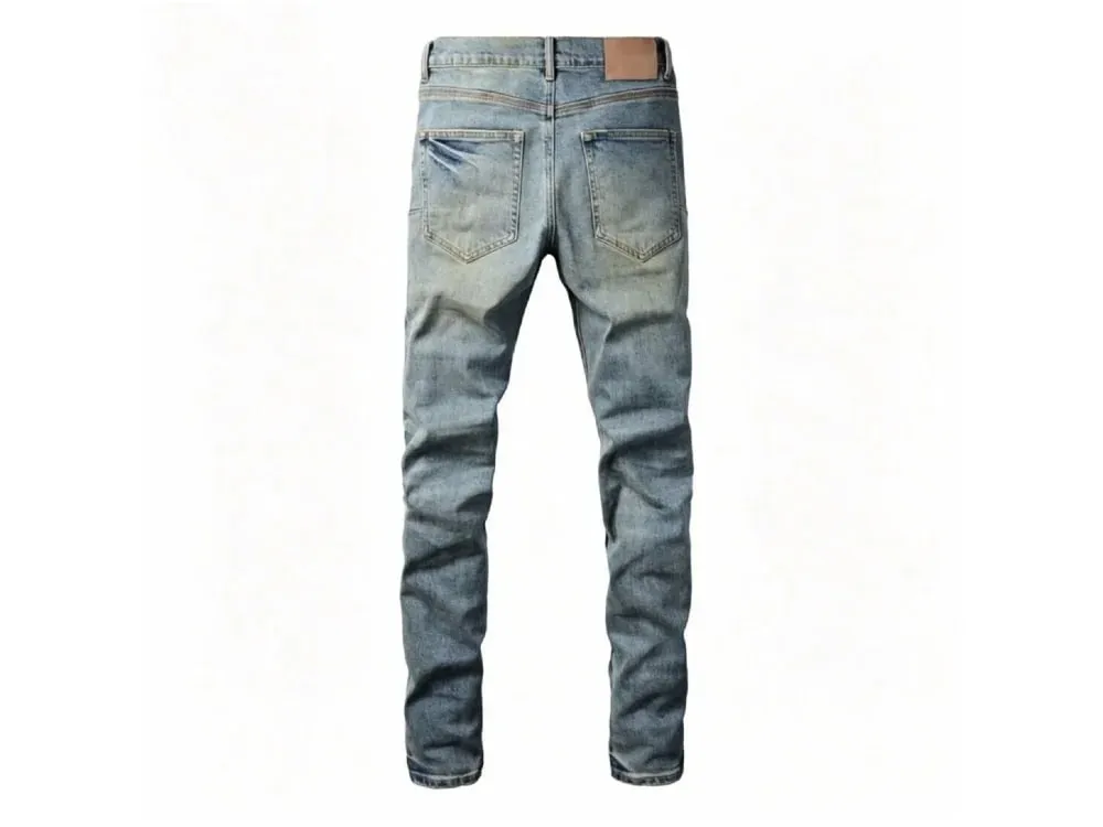 Men's Large Knee Ripped Slim Tapered Jeans Vintage Light Blue Wash Heavily Frayed Button Fly High Street Style