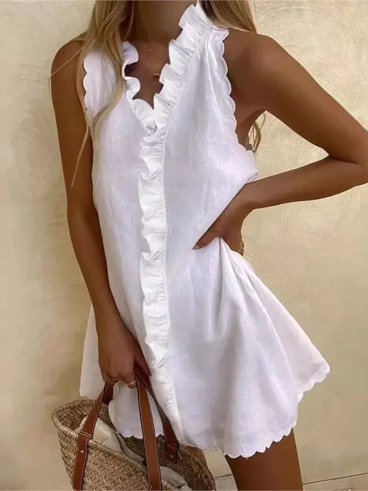 2025 verão sexy casual mini vestido feminino moda elegante férias cor sólida plissado sem mangas vestidos com decote em v vestidos soltos — image 3