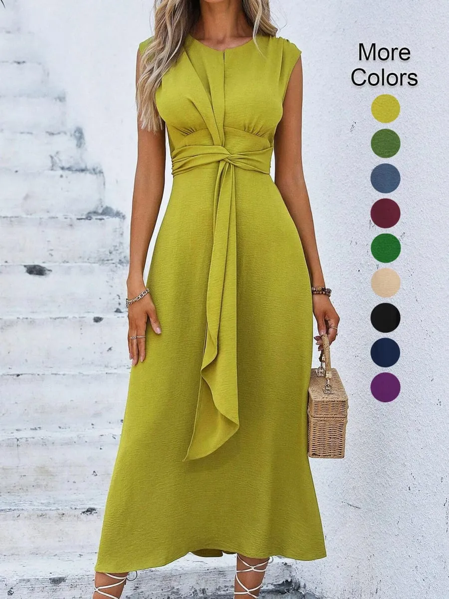 Women's Solid Color A-Line Dress Sleeveless Front Thin Straps Elegant Belted Midi Dress for Summer — image 1