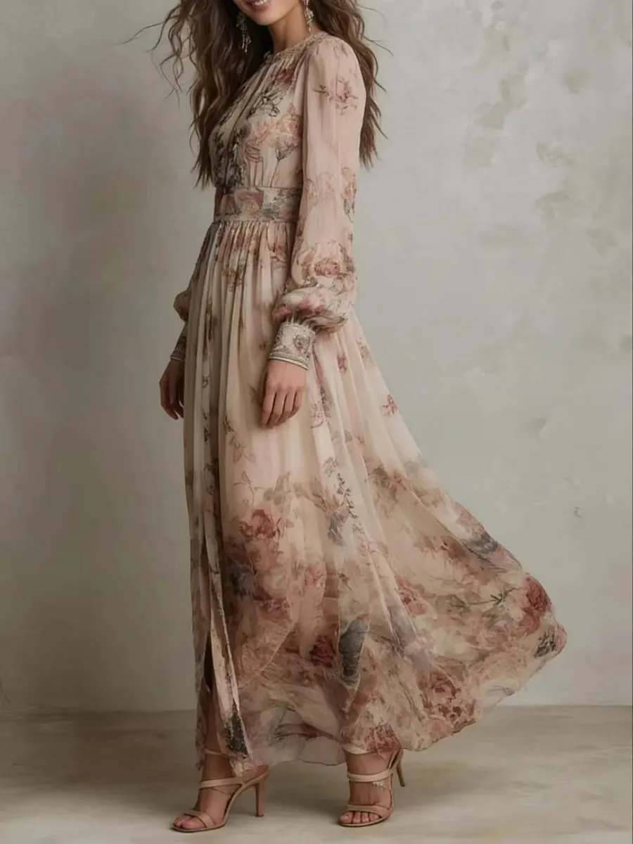 Elegant Long Sleeve Chiffon Long Dresses For Women 2026 Fashion Floral Print Slim Party Maxi Dress Casual — image 2