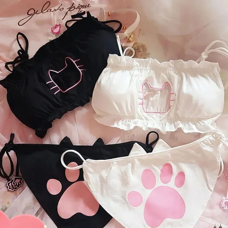 Japonês anime gato menina cosplay sutiã calcinha conjunto feminino lingerie sexy roupa interior íntimo kawaii lolita oco para fora kitty nightwear — image 2