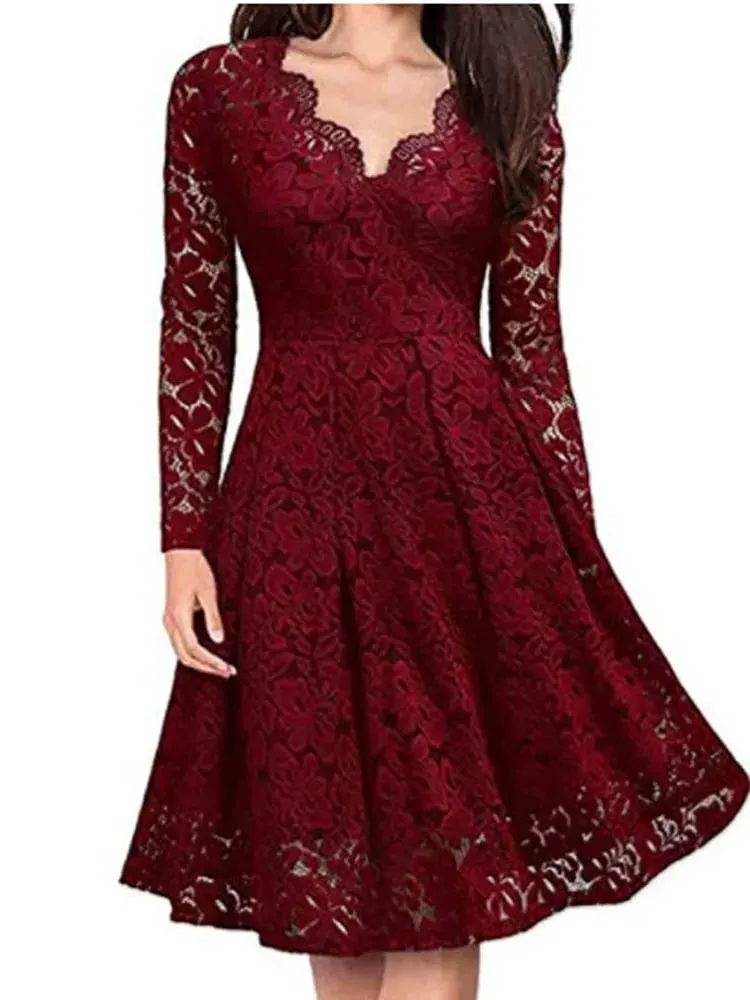 Women Lace A-Line Dress Spring Autumn V Neck Long Sleeve Lace Crochet Patchwork WineRed Slim Party Dresses JYFS-JY8858 — image 2