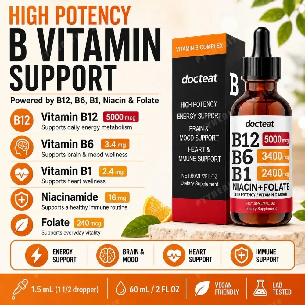 Docteat B Complex Drops 60ml High Potency B12 5000mcg Methylcobalamin Energy Brain Mood Heart Immune Support Non GMO Vegan — image 1