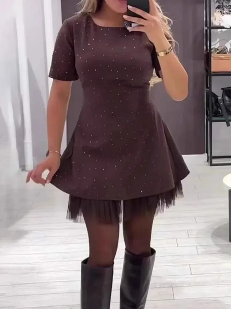 Elegant Casual Dress Spring Summer New Style Hot Rhinestone Hem Mesh Solid Fashion Dress Para sa Babae Short Sleeve Holiday Dress — image 3