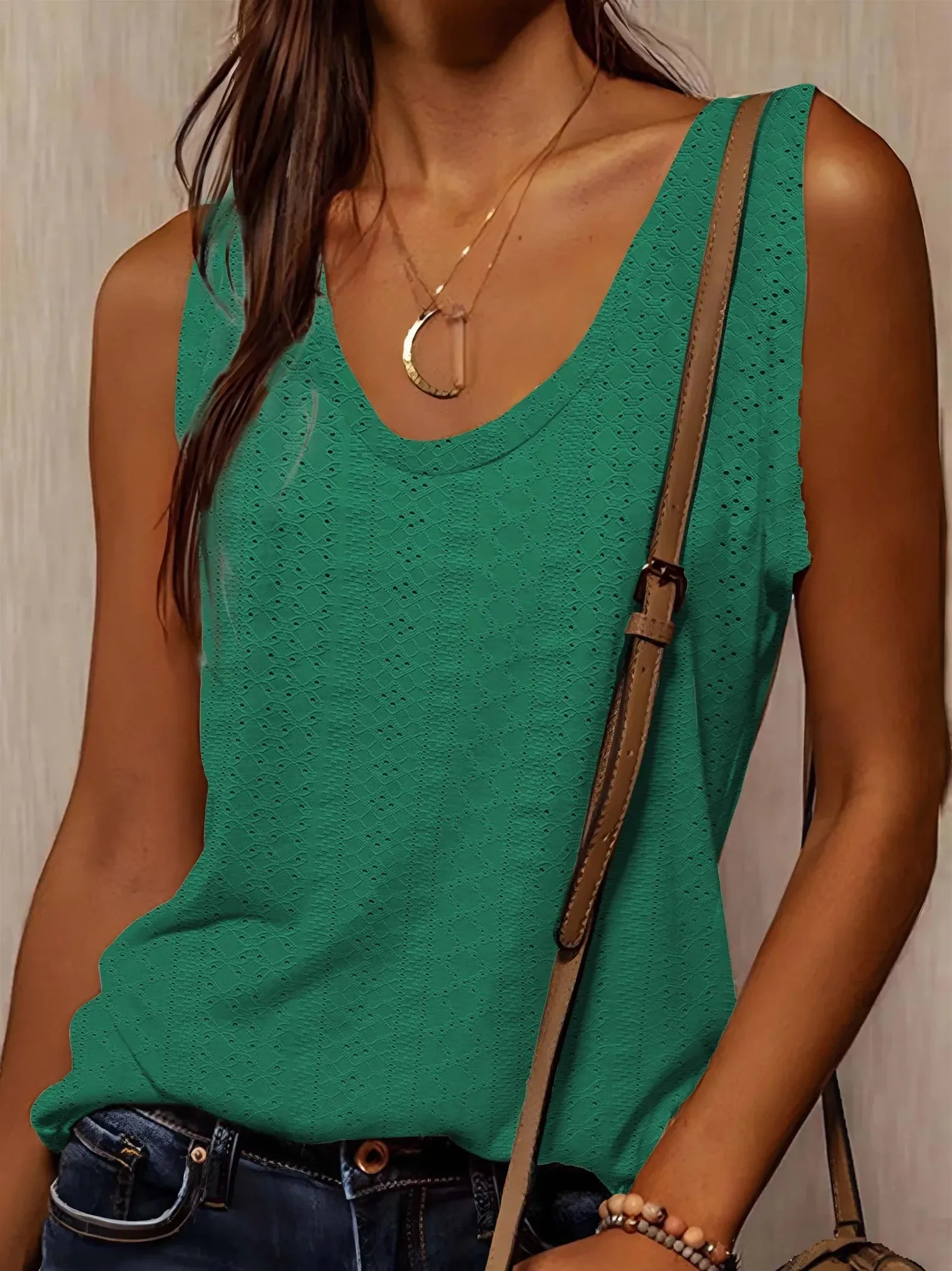 Women's Tank Top Spring Summer White V Neck Sleeveless Perforated Texture Relaxed Fresh Elegant Daily Casual Top