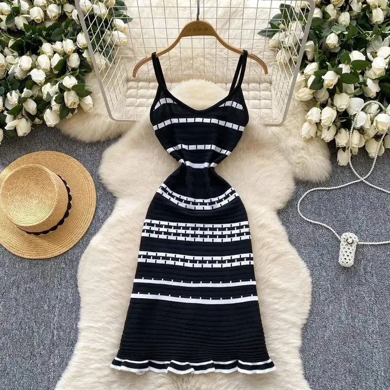 YuooMuoo Chic Fashion A-line Short Women Dress Ins Hot Y2K Geometric Knitted Summer Dress Streetwear Korean Lady Party Vestidos — image 3