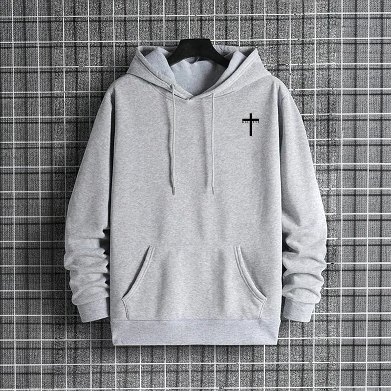 Hoodie urbano masculino 2025 de alta qualidade cor sólida manga longa moletom casual desportivo com capuz outerwear jesus cruz impressão pulôver