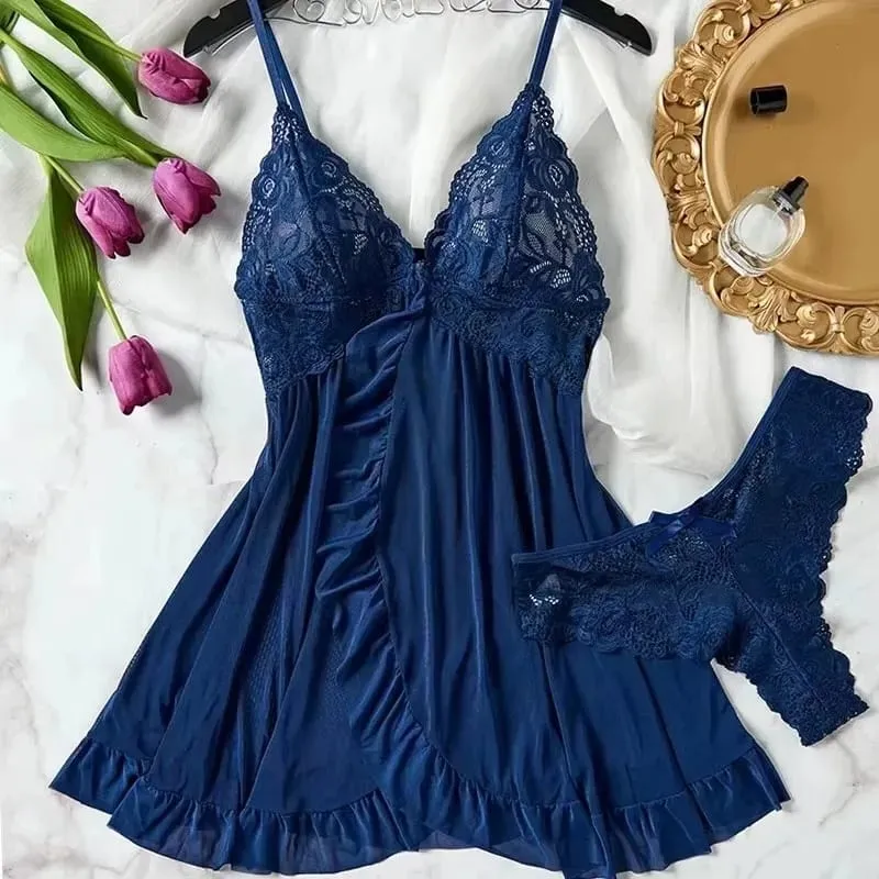 Tulle Suspenders Exquisite Women's Lencerias Lace V-Neck Underwear Semi-transparent Thong Dress Set Females Lingerie Nightgowns — image 3