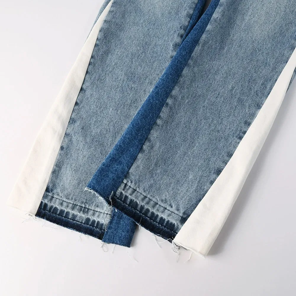 Men Spliced Flared Denim Jeans Patchwork Boot Cut Pants Streetwear Contrast Color Released Hem Blue Trousers — image 4