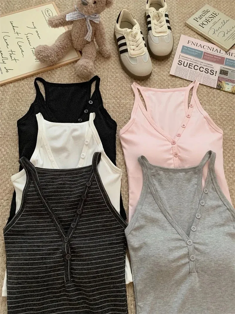 zjaiss Fashion Slim Fit Tank Top 2026 Summer V-neck Button Women Cami With Built-in Bra Pad Casual Basic Inner Top — image 9
