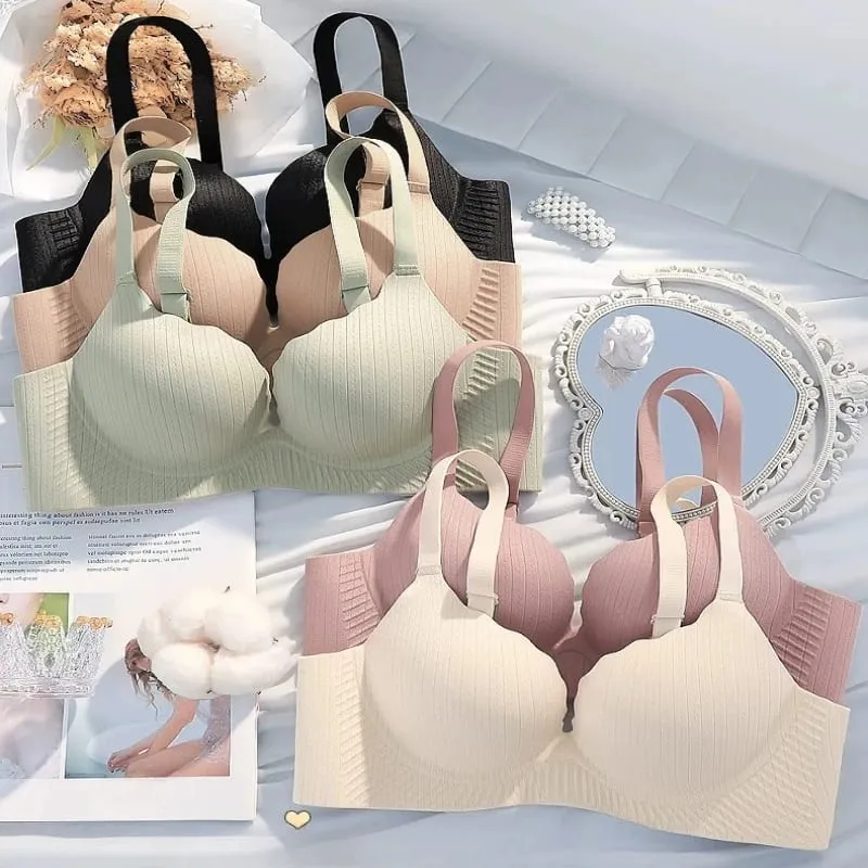 New Women Thick Padded Wirefree Bra Set Seamless Solid Color Comfort Gathering Lingerie Push Up Effect Designed for Smaller Bust — image 6