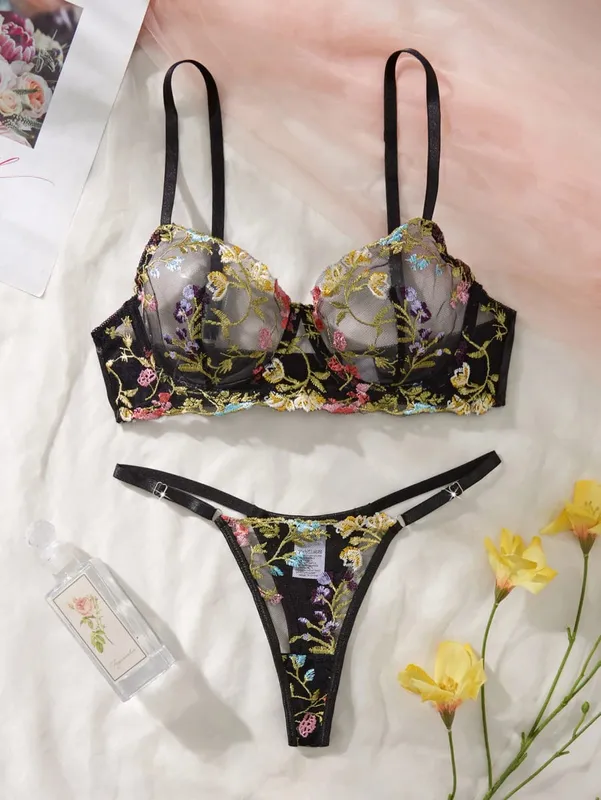 Bordado conjunto de sutiã de renda francesa meninas sexy mulheres bralette transparente roupa interior tanga sutiãs lingerie calcinha conjuntos