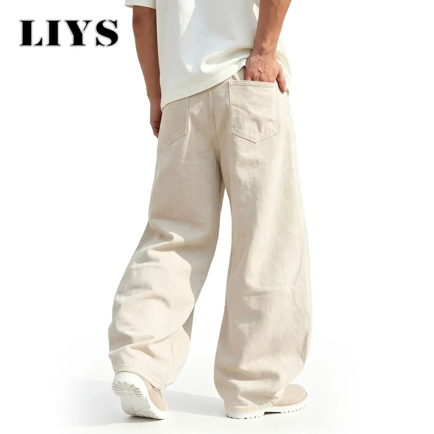 Men's American Beige Loose Wide Leg Jeans High Waisted Streetwear Hip-Hop Fashion Loose Denim Pants Y2K Retro Casual Pants — image 2