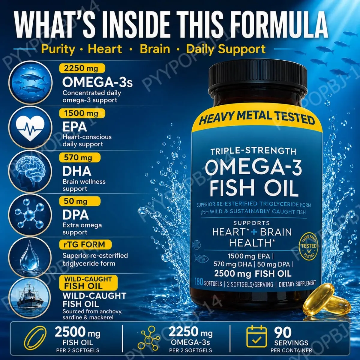 Omega-3 Fish Oil Softgels 2500mg EPA DHA DPA RTG Form 180 Count Non-GMO Gluten Free Daily Wellness Supplement for Adults — image 5
