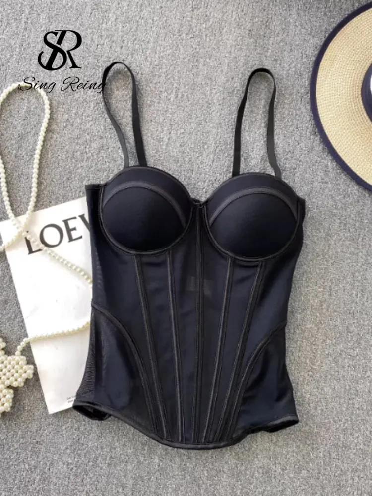 2026 Luxury Mesh Corset Camisole Women Strap Solid Lingerie Top Summer High Quality Tummy Control Sheer Party Tank Top