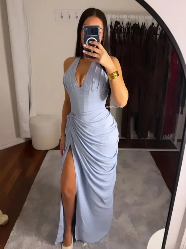 Elegante amarelo sem alças plissado vestido longo feminino chique sólido sem mangas cintura cinching split vestido 2026 senhora festa de noite robes — image 24