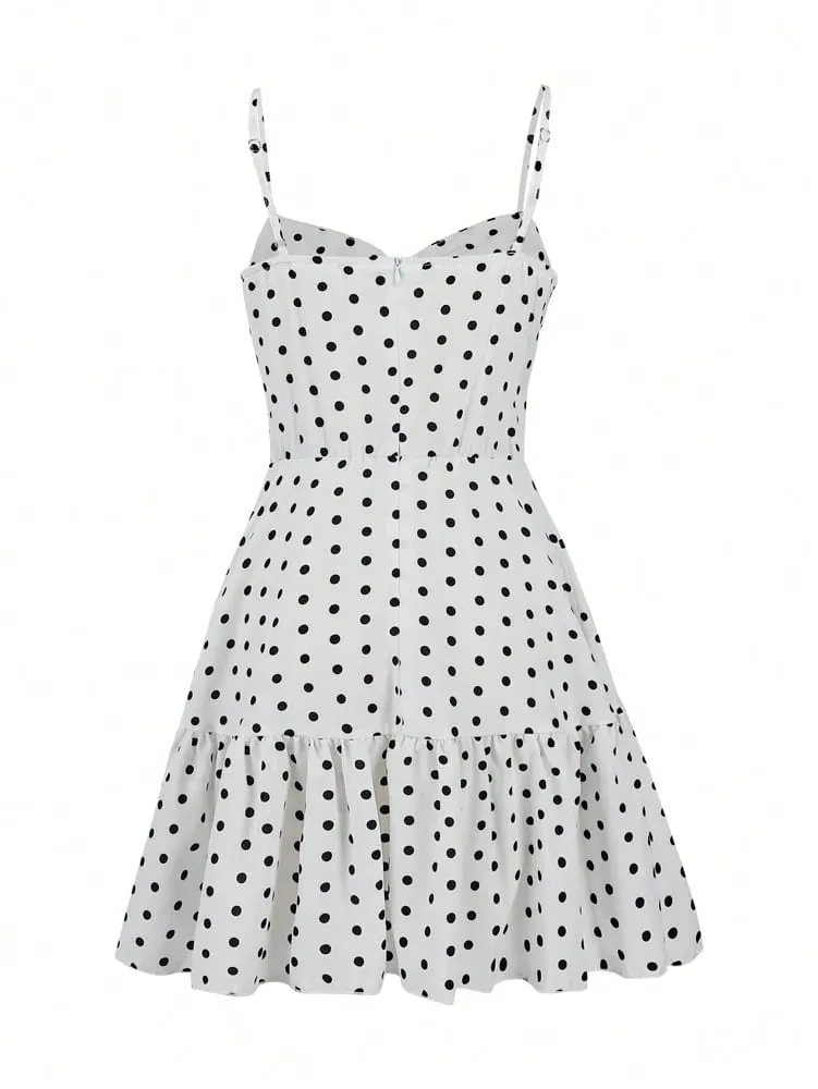 2026 Summer New Women's Polka Dot Mini Dress Sexy Spaghetti Strap Ruffle Hem Cami Dress Vacation Beach Party Dress — image 3