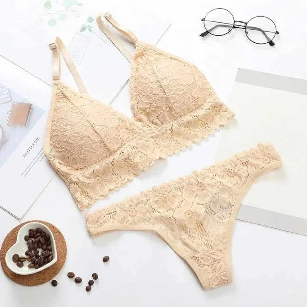 Underpants V Neck Lace Flower Bra Set Solid Color Low Waist Floral Panties Bra Kit T-Back Lingerie Lace Underwear Girls
