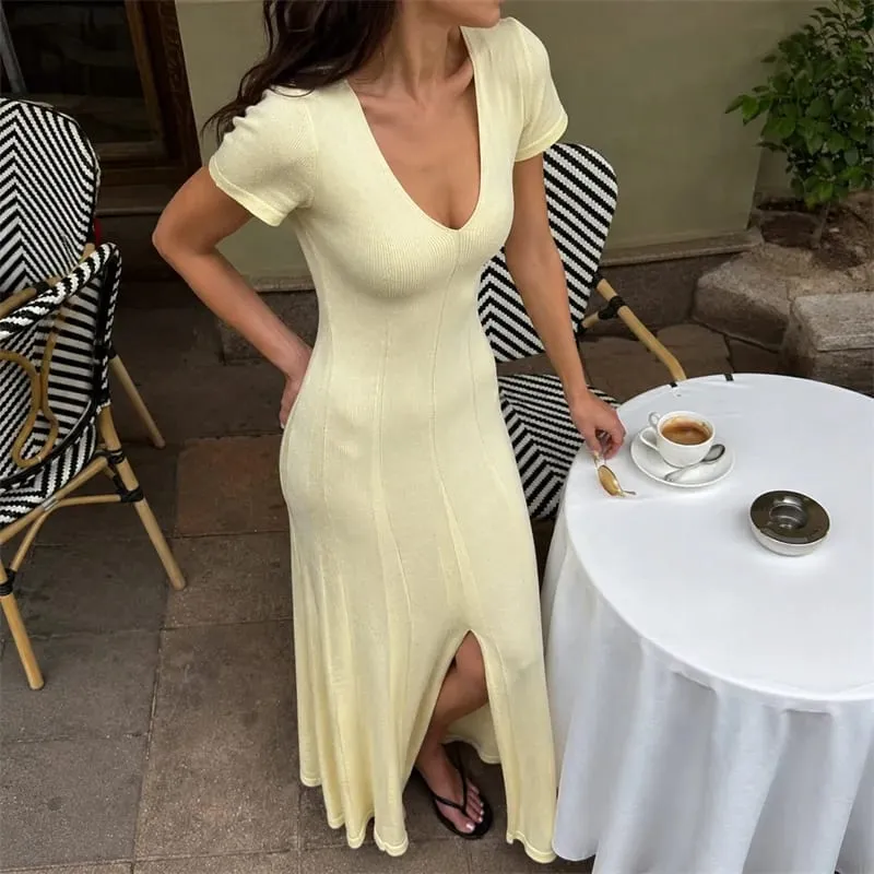 Tsiisd vestido maxi de malha canelada para mulheres, decote em v profundo, slim, fenda alta, elegante, patchwork, vestido de festa feminino, malhas — image 2