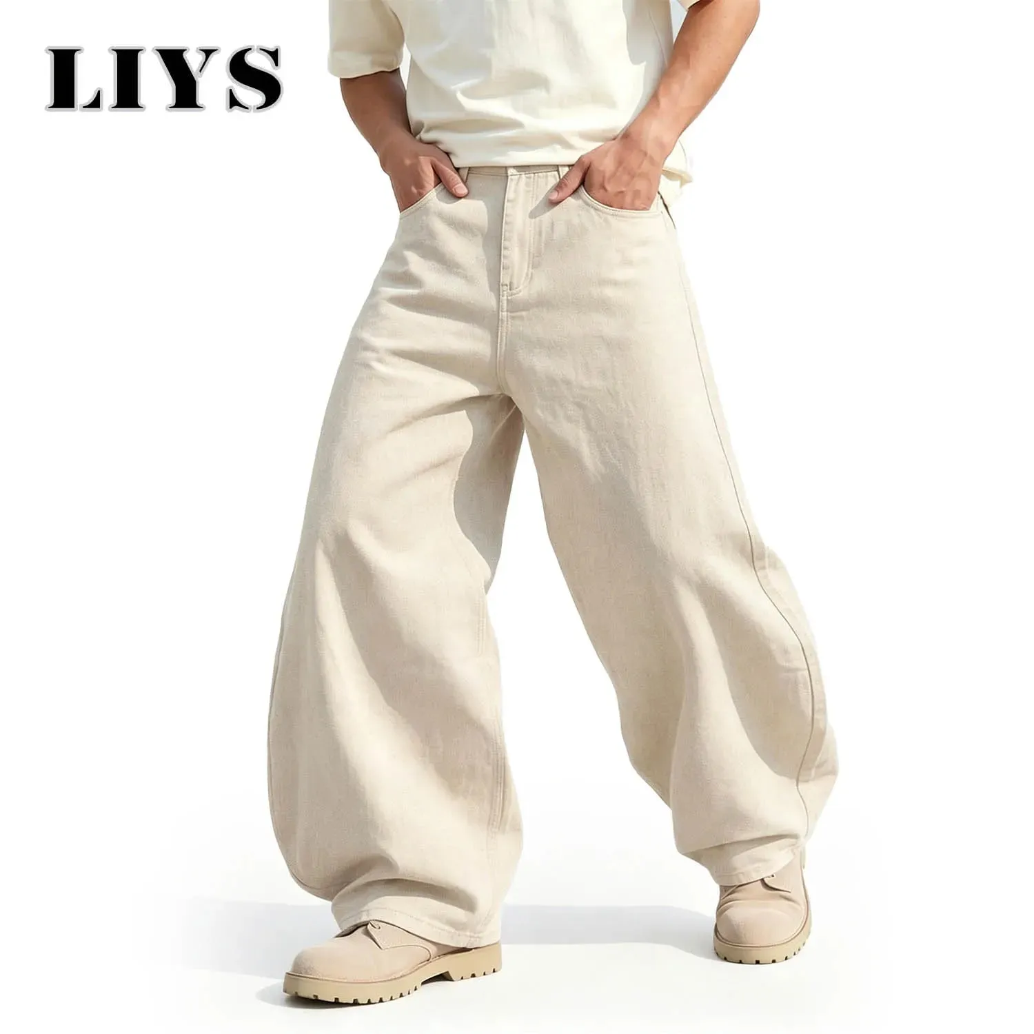 Men's American Beige Loose Wide Leg Jeans High Waisted Streetwear Hip-Hop Fashion Loose Denim Pants Y2K Retro Casual Pants
