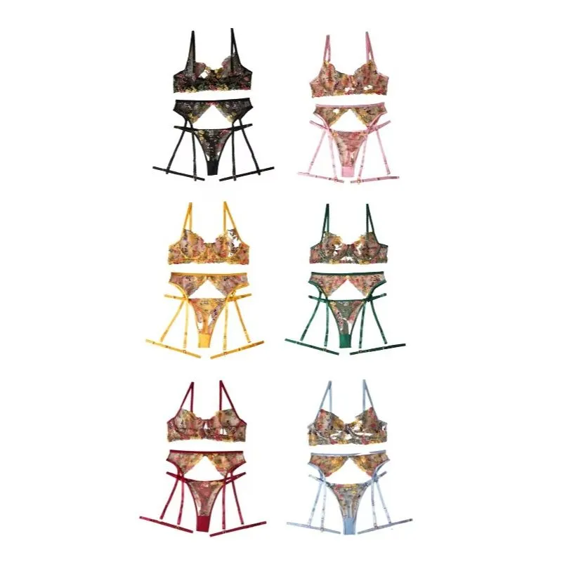 Clearance Random Color Sexy Lingerie Set 3 Pcs Floral Embroidery Sheer Lace Bra Garter Belt Panty Intimate Underwear Kit — image 1