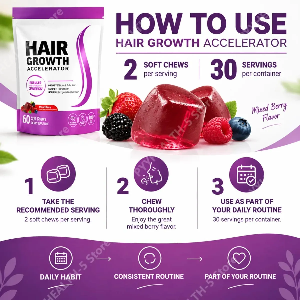 Biotin Hair Growth Soft Chews Supplement Support Fuller Thicker Hair Vitamin C & E for Healthy Hair Nourishment 60 Gummy — image 6
