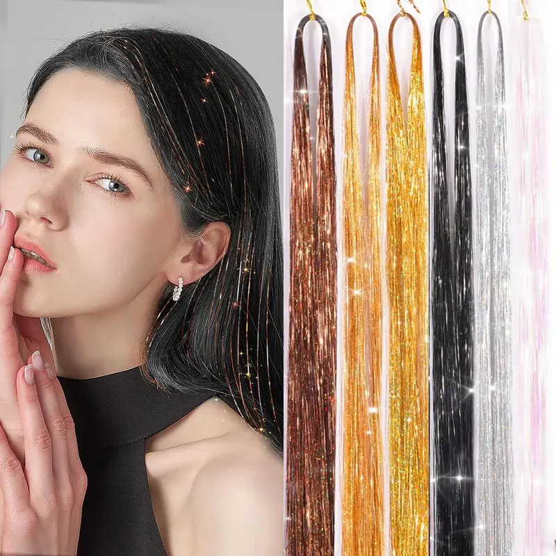 6Pcs/set Sparkle Shiny Hair Tinsel Hair Extensions Dazzles Women Hippie for Braiding Headdress Hair Braiding Tools Long 60cm — image 1
