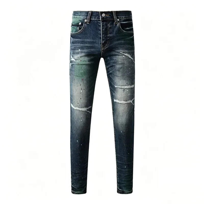 Men's Slim Taper Vintage Distressed Ripped Jeans Blue Gradient Green Red Paint Splatter Button Fly High Street Fashion Denim Pan