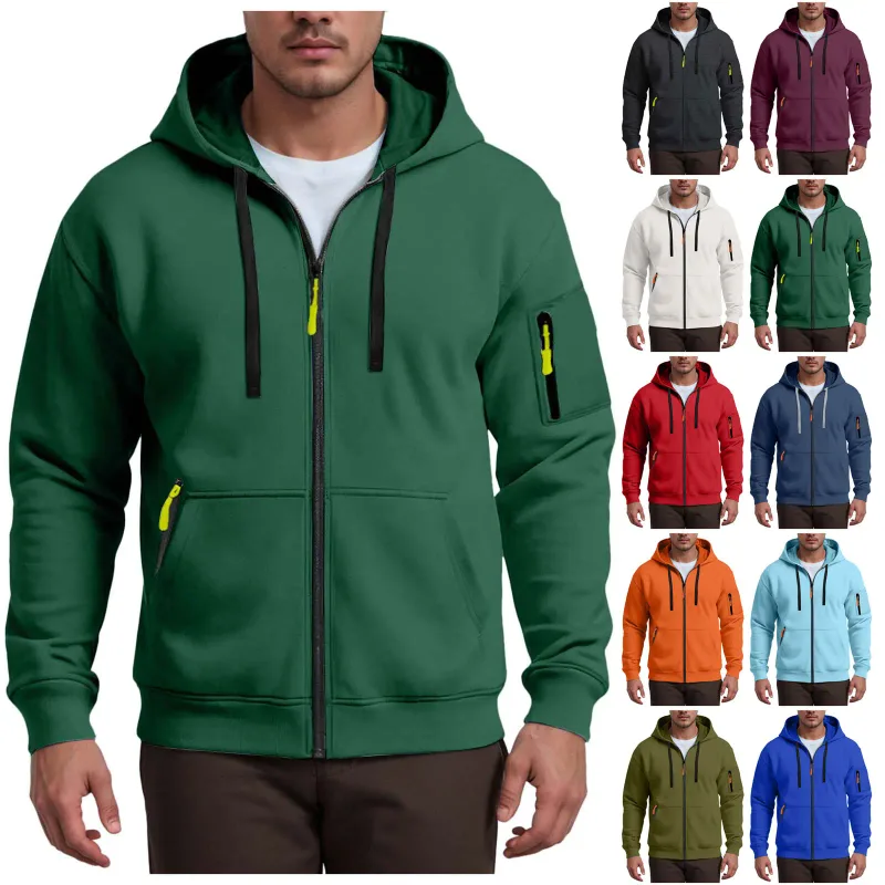 Men's Hoodies Solid Color Loose Zip Up Jacket Arm Zipper Pocket Hoodies Sand Hoodie Men