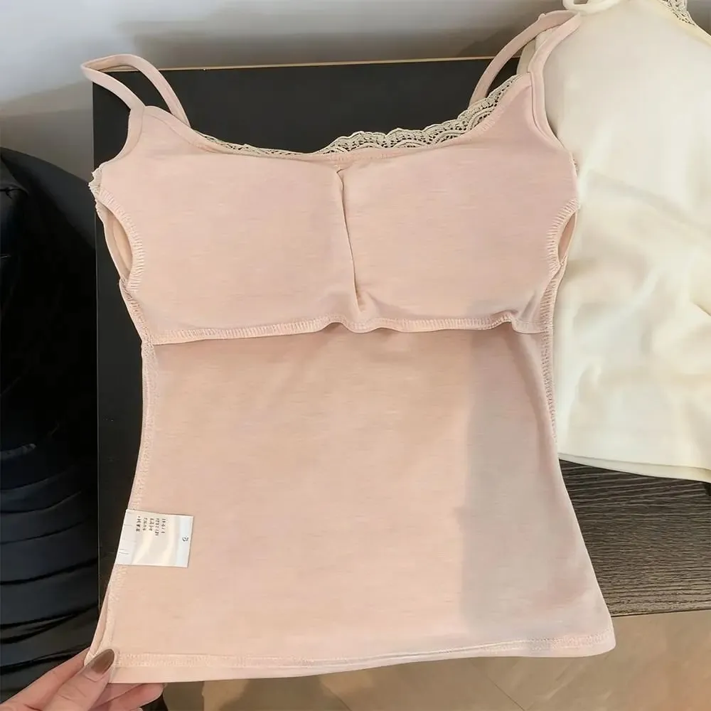 Fashion Elastic Camis Tank Tops with Chest Pad Versatile Lace Tops Integrated Top Slim Vest Cute Women Clothes — image 3