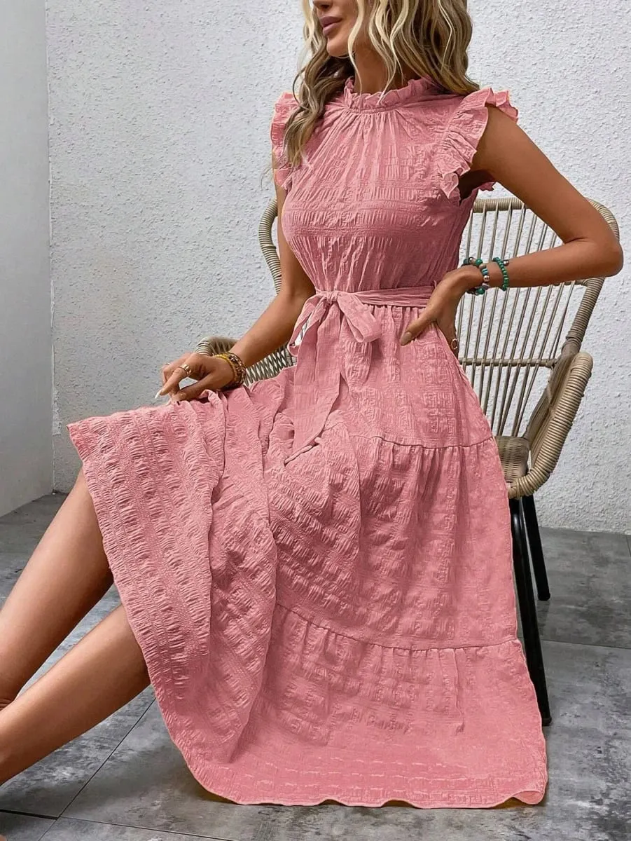 2026 Summer Fashion Flutter Sleeve Women Stand Collar Ruffles Solid Color Elegant Loose Long Dress Lace-up Texture Party Dresses — image 6