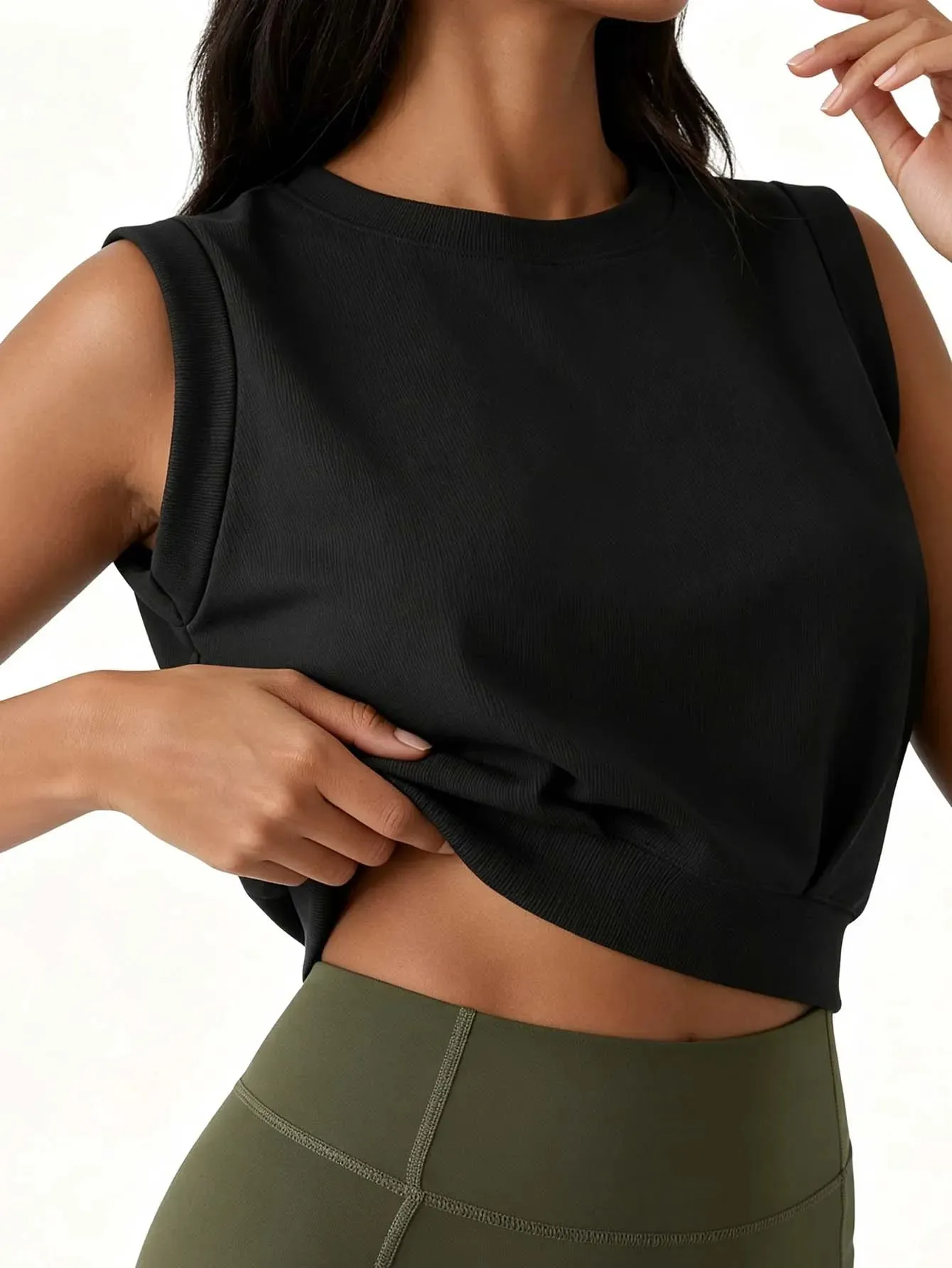 Geripptes, ärmelloses, tailliertes Crop-Top für Damen mit Rundhalsausschnitt, einfarbig, locker sitzendes Sport-Top, lässiges Fitness-Lauf-Yoga-Top — image 2