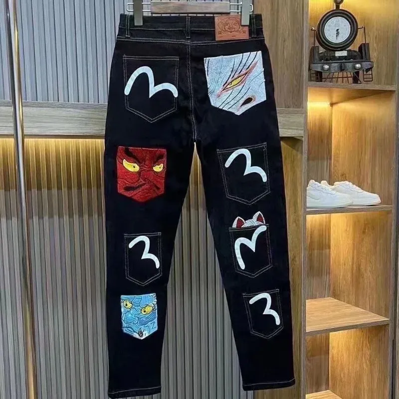 Mens Jeans Harajuku Fortune God Print Multi Pocket Denim Pants New Workwear Cargo Trousers Casual Streetwear Fashion Autumn New — image 5